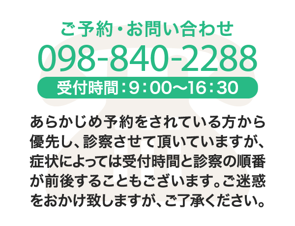 ご予約・お問い合わせ：098-840-2288（受付時間：9：00～16：30）